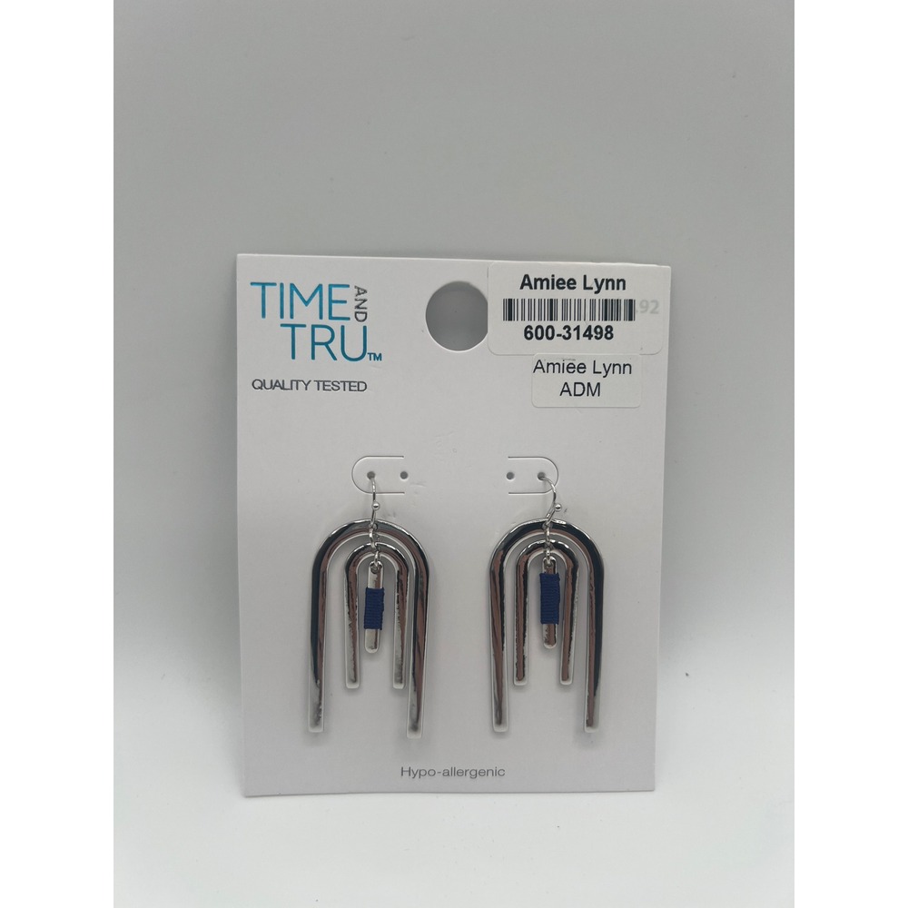 Time and Tru Silver Tone Triple Arch Drop Earrings Navy Blue Thread Wrap New